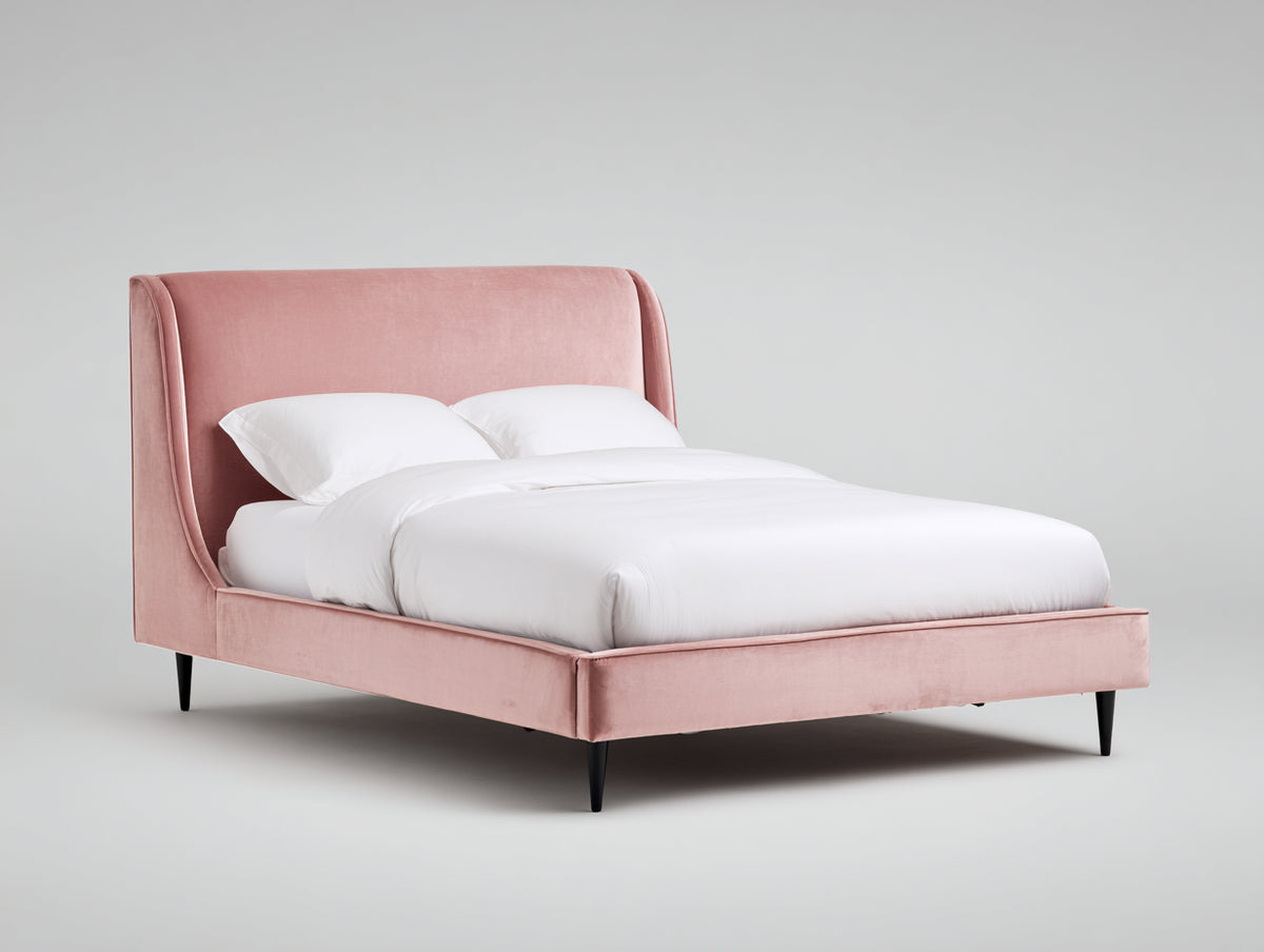 Doppelbett mit Samtbezug 200 x 180 x 115 cm - Rosa-Schwarz - Gepolstertes Kopfteil mit geschwungenen Seiten und Metallfüßen