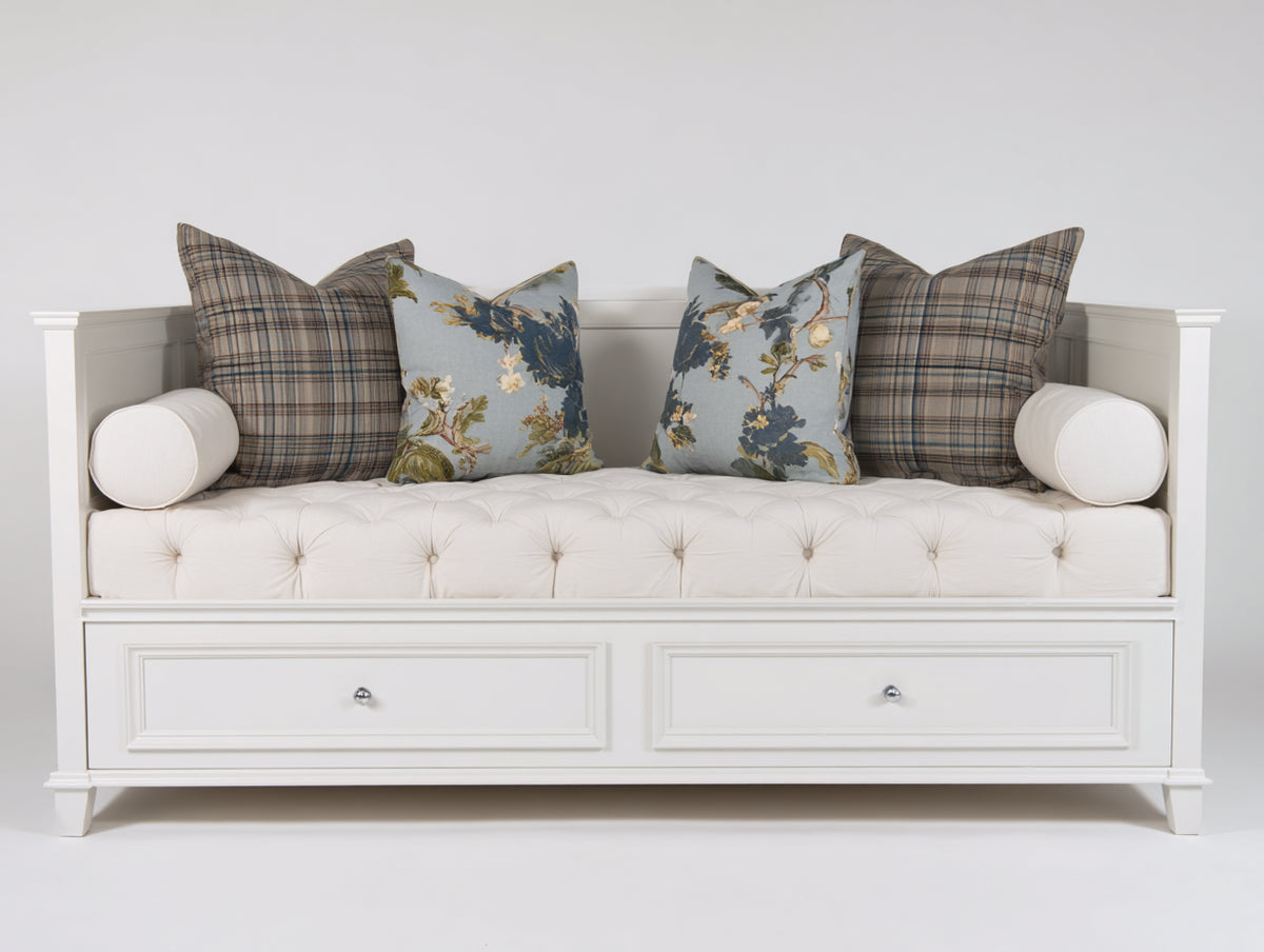 Schlafsofa aus Holz 210x100x100 cm - Cremeweiß - Gepolsterte Liegefläche mit 2 Schubladen im Landhausstil