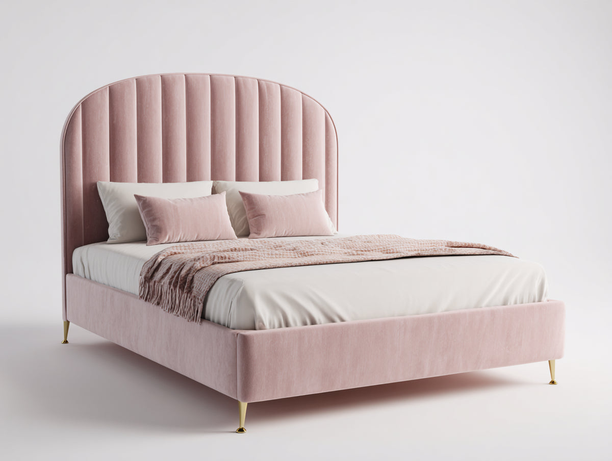 Doppelbett mit Stoffbezug 210x180x160 cm - Rosa-Gold - Hohes gepolstertes Kopfteil mit vertikaler Steppung