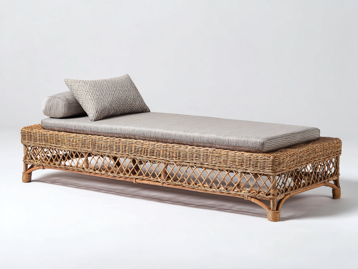 Sonnenliege aus Polyrattan 200 x 75 x 45 cm - Natur-Grau - Gepolsterte Liegefläche mit offenem Flechtdesign
