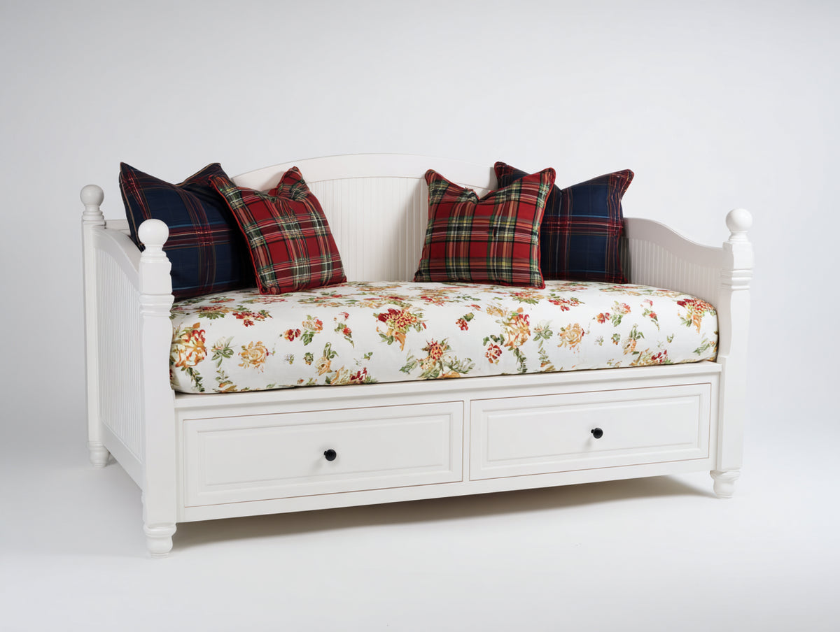 Schlafsofa Massivholz 200x95x92 cm - Cremeweiß - Klassisches Tagesbett mit 2 Schubladen und geschwungenen Seitenteilen