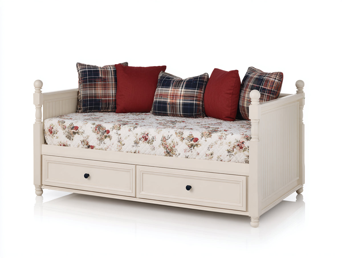 Schlafsofa Massivholz 200x95x90 cm - Cremeweiß - Klassisches Tagesbett mit 2 Schubladen und Seitenteilen