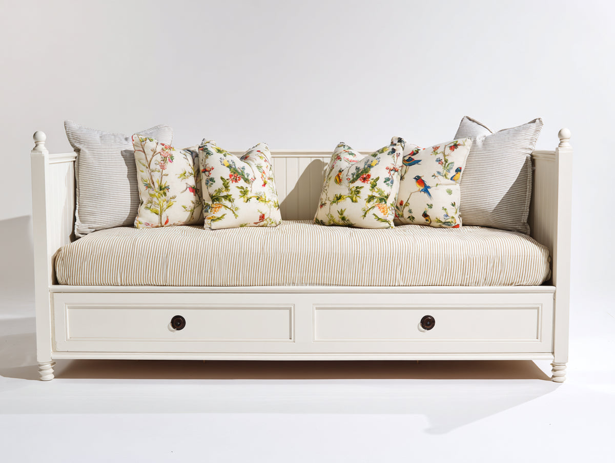 Schlafsofa aus Holz 210x100x100 cm - Cremeweiß-Beige - Gepolsterte Sitzfläche mit 2 Schubladen im Landhausstil