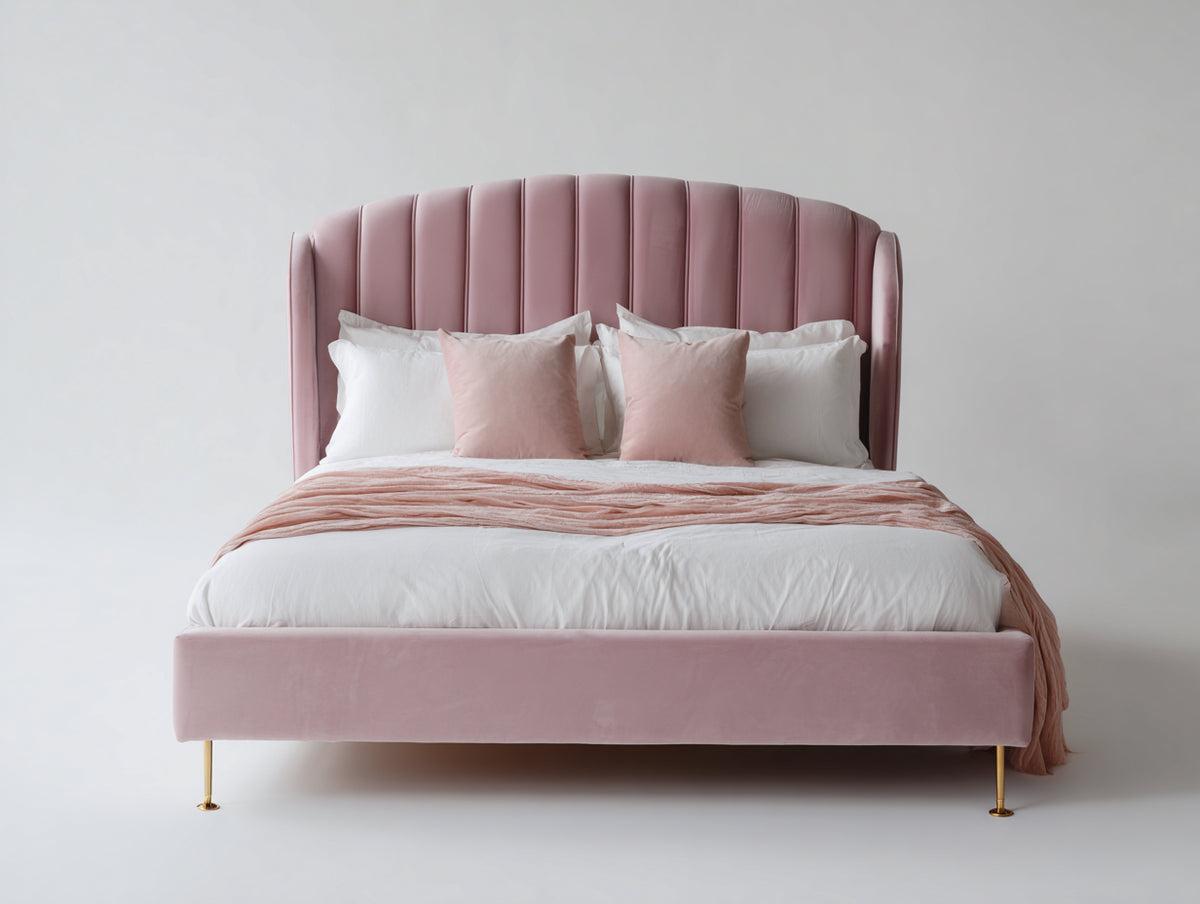 Doppelbett mit Stoffbezug 210 x 180 x 150 cm - Altrosa Gold - modernes Polsterdesign mit hohem segmentiertem Kopfteil
