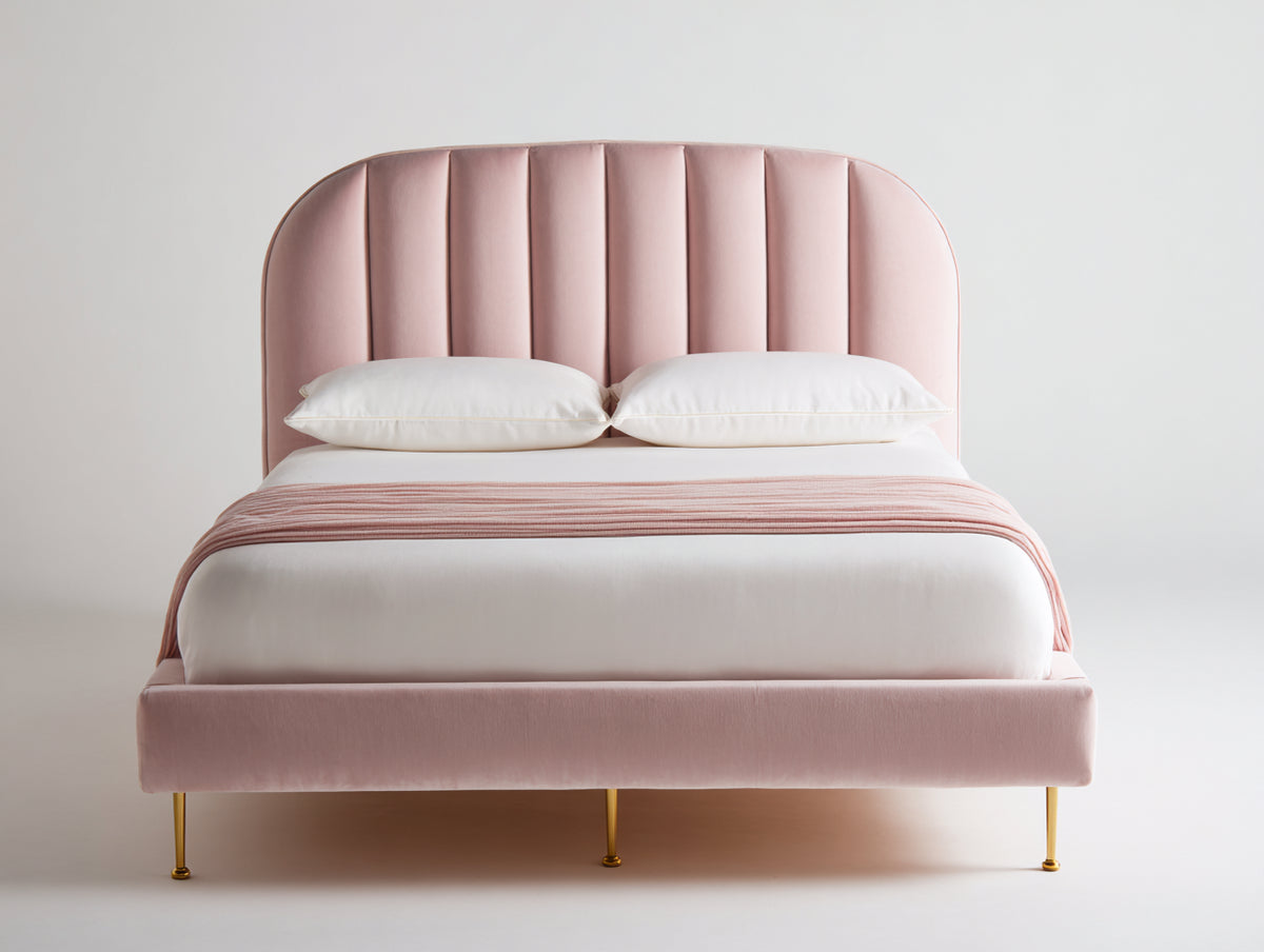 Doppelbett mit Stoffbezug 200 x 180 x 120 cm - Rosa-Gold - Gepolstertes Paneelkopfteil und Metallfüße
