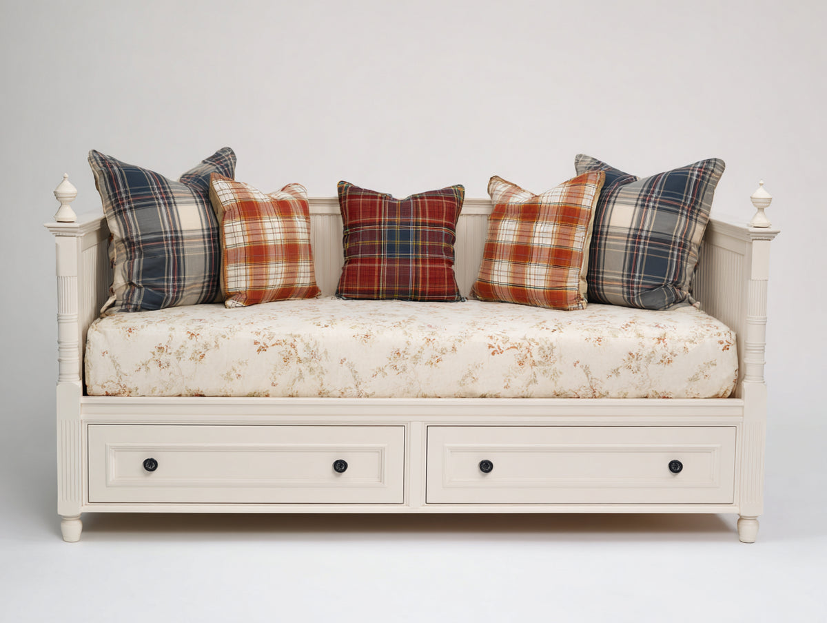 Schlafsofa aus Holz 210x100x100 cm - Cremeweiß-Beige - Gepolsterte Liegefläche mit 2 Schubladen im Landhausstil
