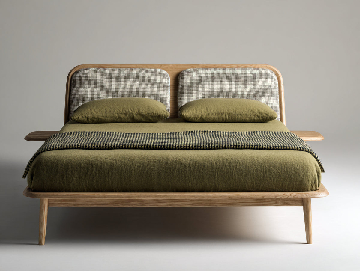Doppelbett aus Holz 200 x 180 x 110 cm - Naturholz-Beige - Gepolstertes zweiteiliges Kopfteil und modernes Design