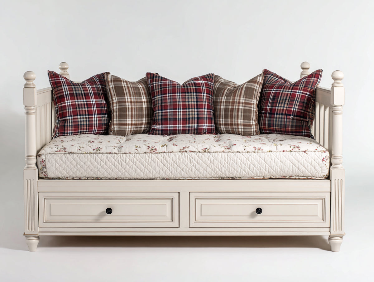 Schlafsofa aus Holz 190 x 90 x 95 cm - Weiß-Creme - Mit 2 Schubladen und gepolsterter Liegefläche