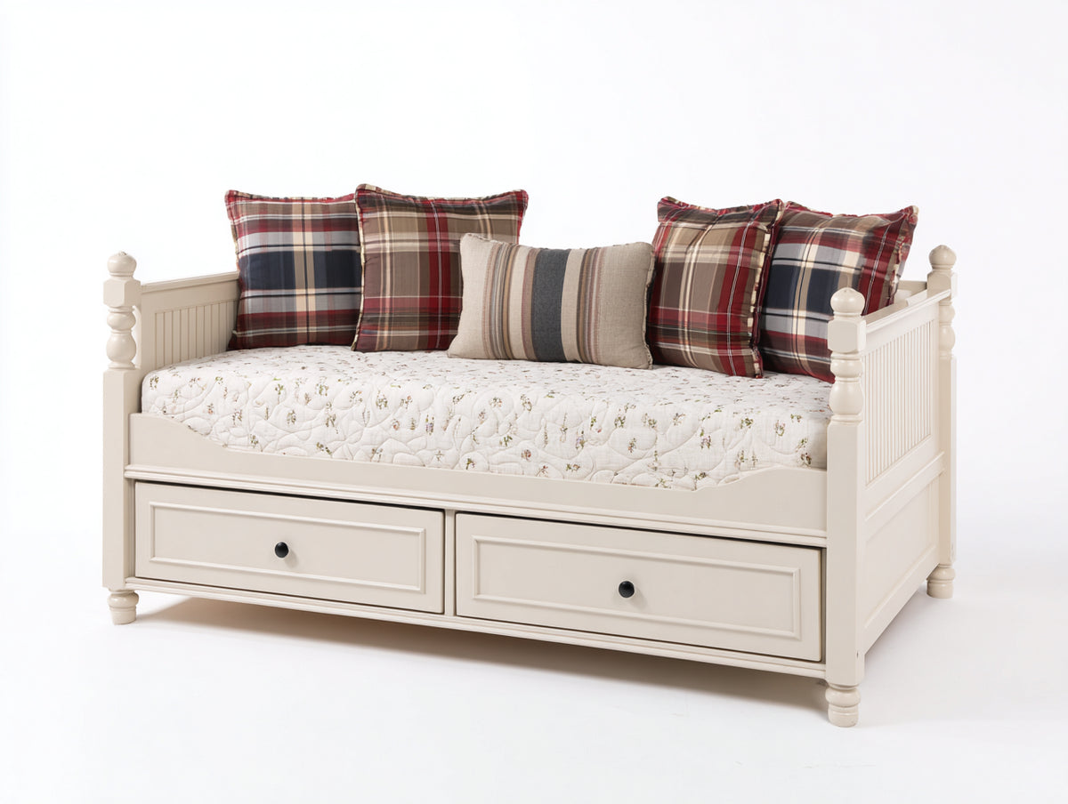 Schlafsofa aus Holz 210x100x100 cm - Cremeweiß-Beige - Gepolsterte Liegefläche mit 2 Schubladen im Landhausstil