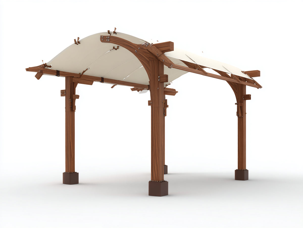 Pavillon Holz und Stoff 400x300x280 cm - Naturbraun und Cremeweiß - Moderner Gartenpavillon mit gebogenem Stoffdach