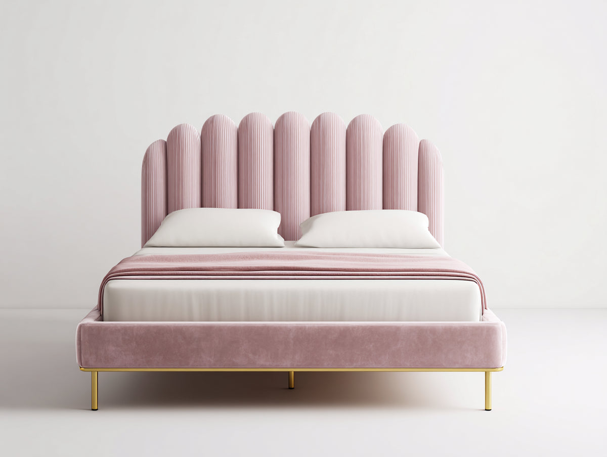 Doppelbett mit Stoffbezug 210 x 180 x 145 cm - Altrosa Gold - modernes Polsterdesign mit hohem segmentiertem Kopfteil