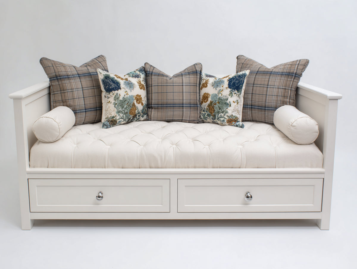 Schlafsofa Massivholz 200x95x90 cm - Cremeweiß - Klassisches Tagesbett mit 2 Schubladen und gepolsterter Liegefläche