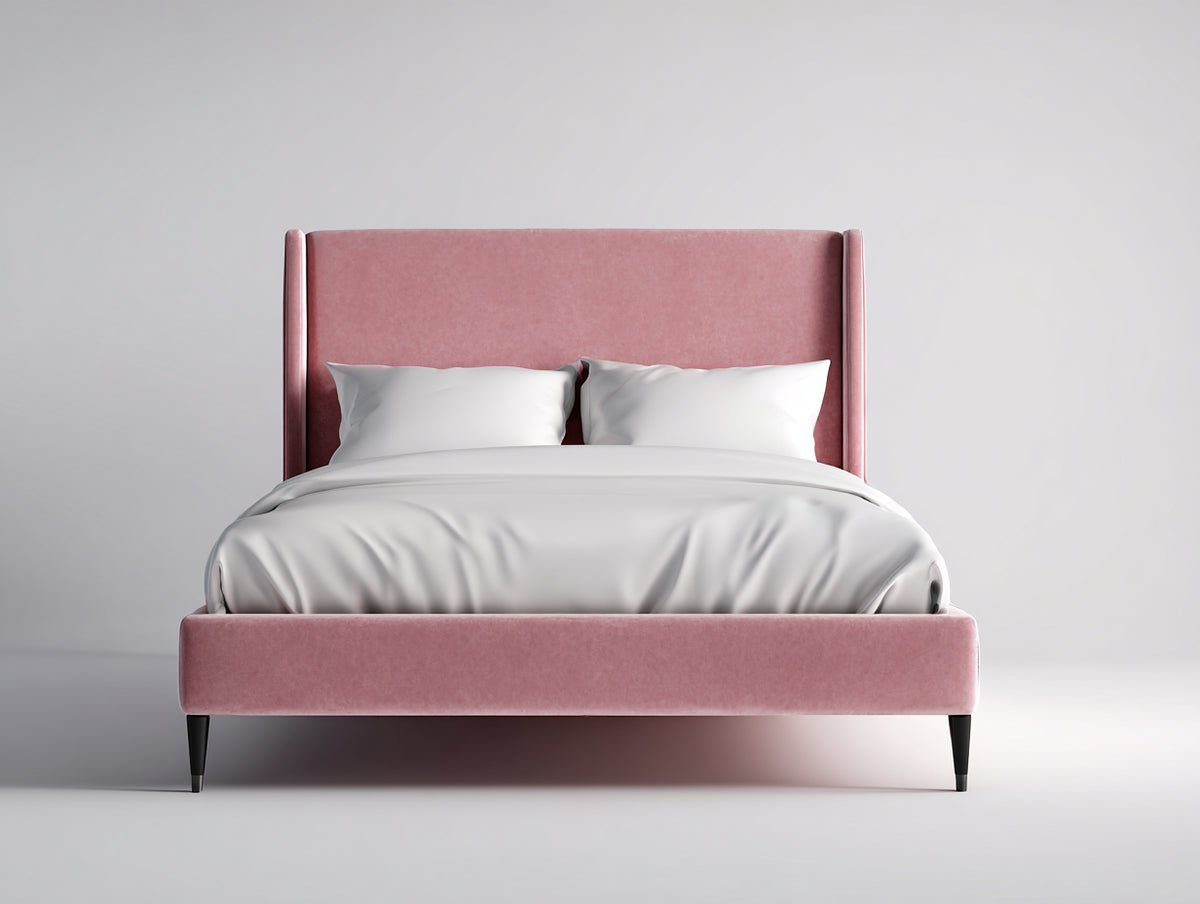 Doppelbett mit Stoffbezug 210x180x145 cm - Rosa-Schwarz - Gepolstertes Kopfteil mit seitlichen Flügeln im modernen Design