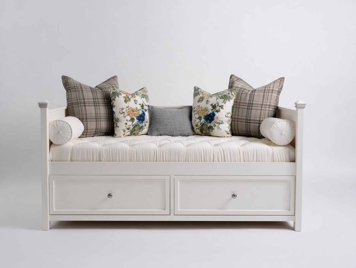 Schlafsofa aus Holz 200 x 92 x 96 cm - Weiß Creme - klassisches Tagesbett Design mit 2 Schubladen und gepolsterter Liegefläche