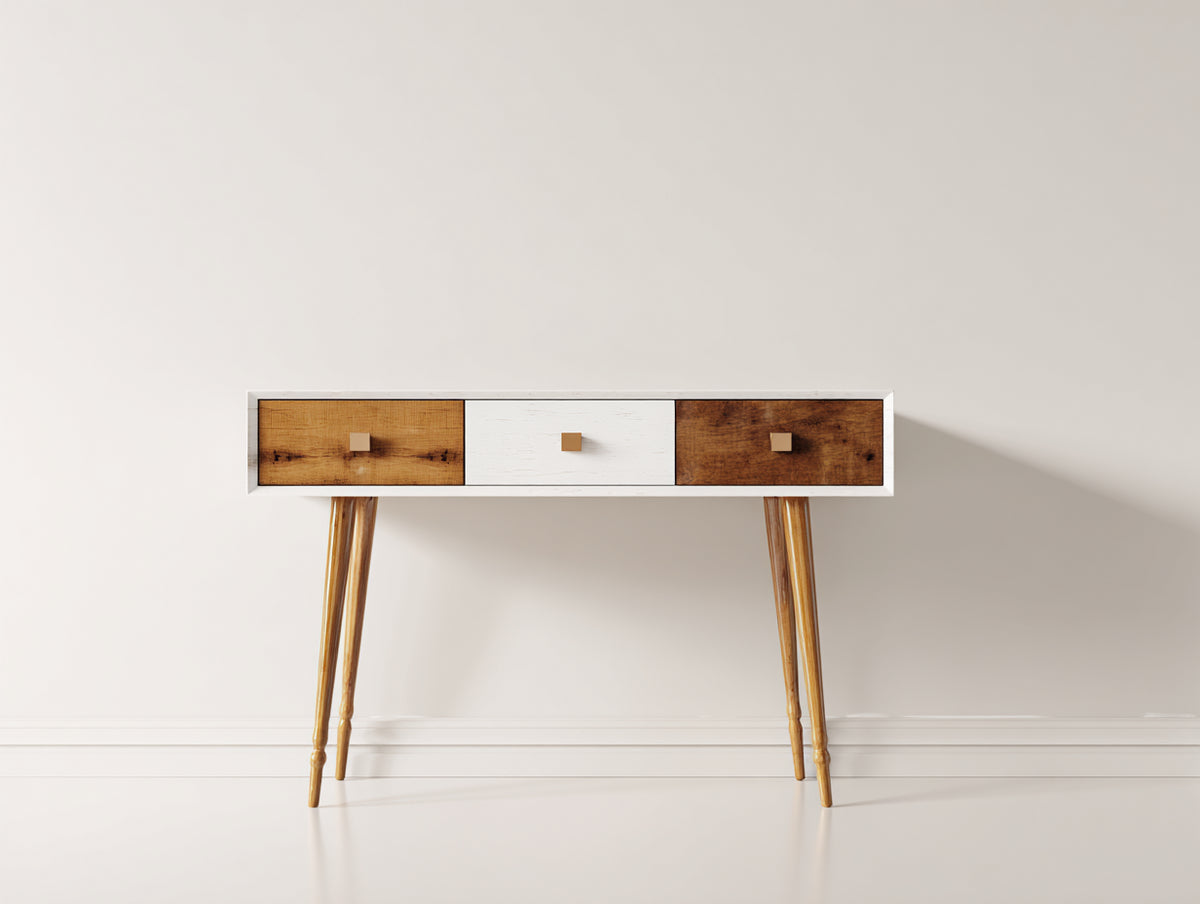 Schreibtisch aus Holz 120 x 45 x 78 cm - Natur Weiß - schmales Konsolendesign mit 3 Schubladen