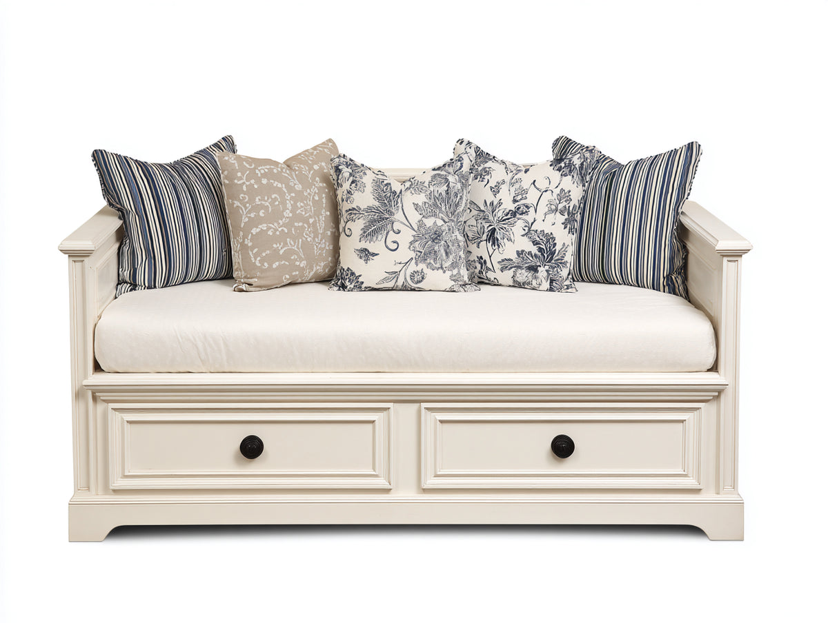 Schlafsofa aus Holz 190 x 90 x 95 cm - Weiß-Creme - Mit 2 Schubladen und gepolsterter Liegefläche