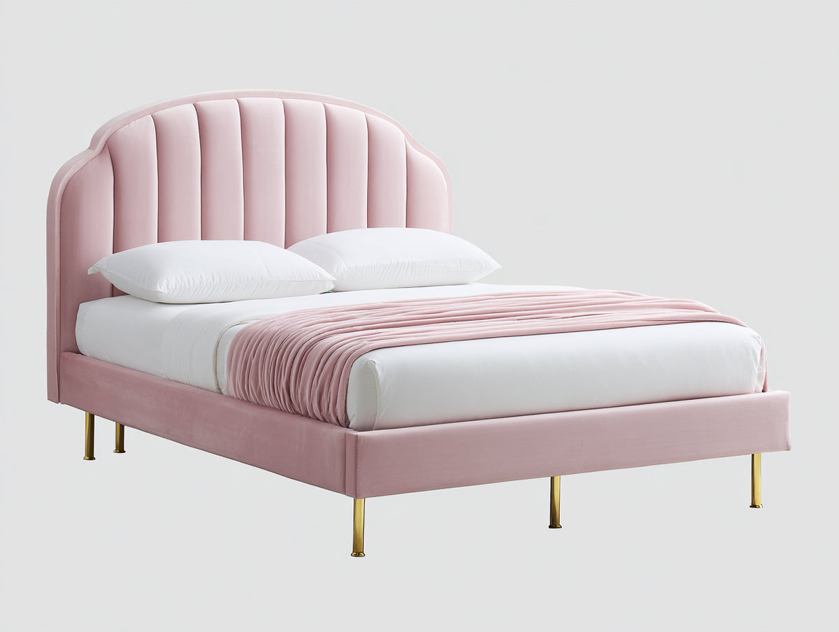 Doppelbett Stoff und Metall 210x180x120 cm - Rosa und Gold - Modernes Polsterbett mit muschelförmigem Kopfteil
