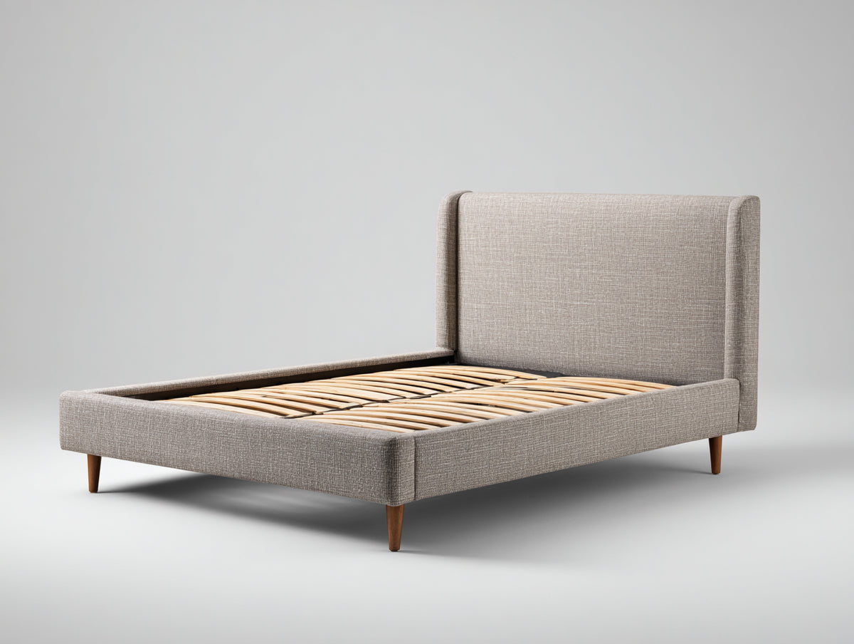 Doppelbett mit Stoffbezug 210x180x125 cm - Beige-Naturholz - Gepolstertes Kopfteil mit Lattenrost im modernen Design