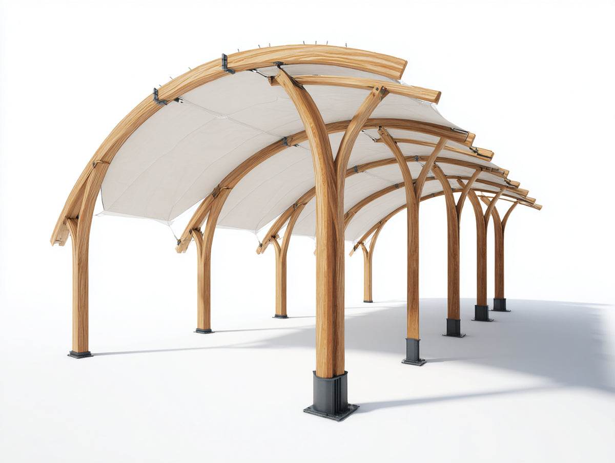 Pavillon aus Holz 500 x 300 x 280 cm - Natur Weiß - modernes Bogendach Design mit Stoffbespannung und Metallfüßen