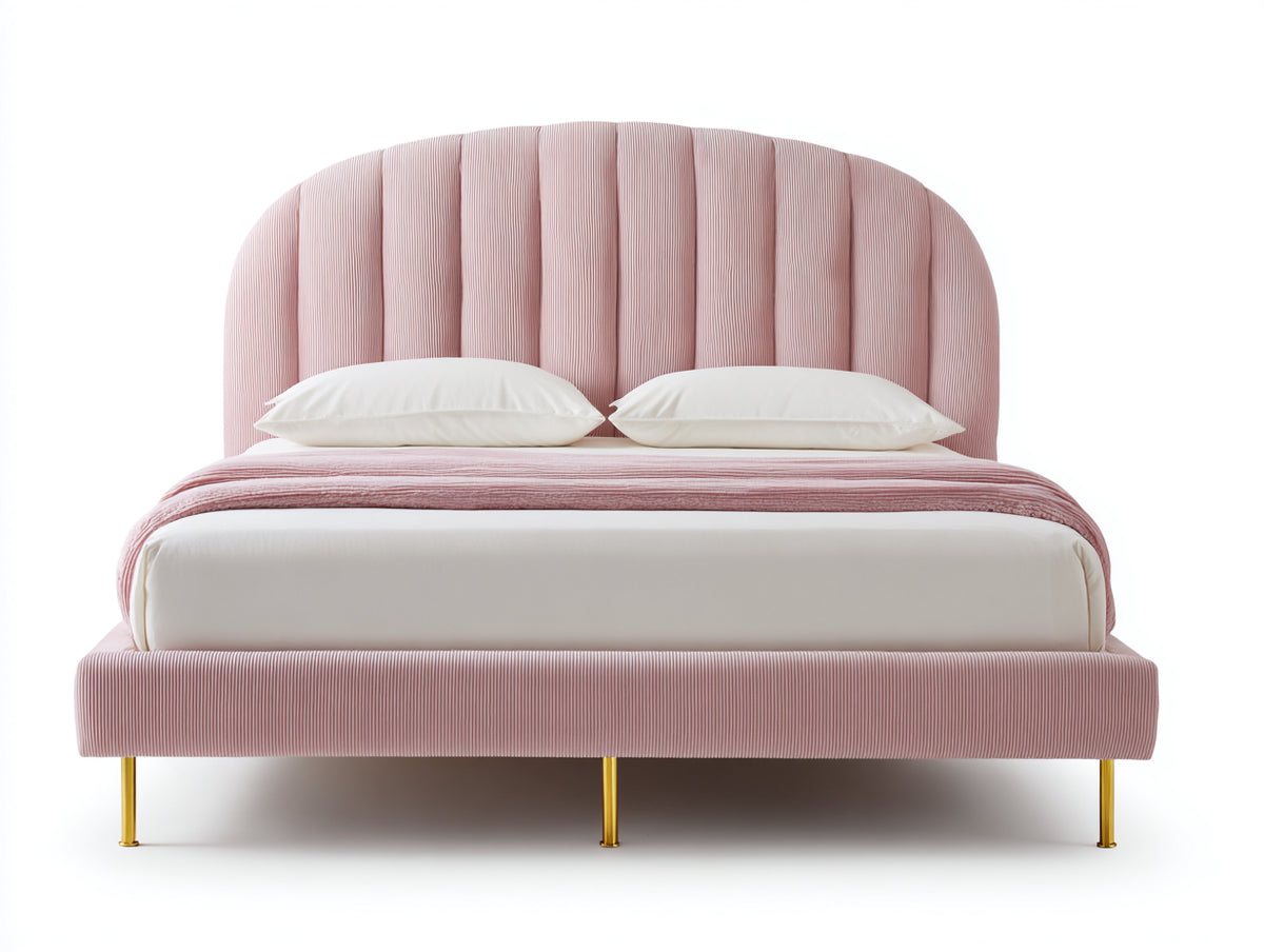 Doppelbett mit Stoffbezug 200 x 180 x 120 cm - Rosa-Gold - Gepolstertes Paneelkopfteil und Metallfüße
