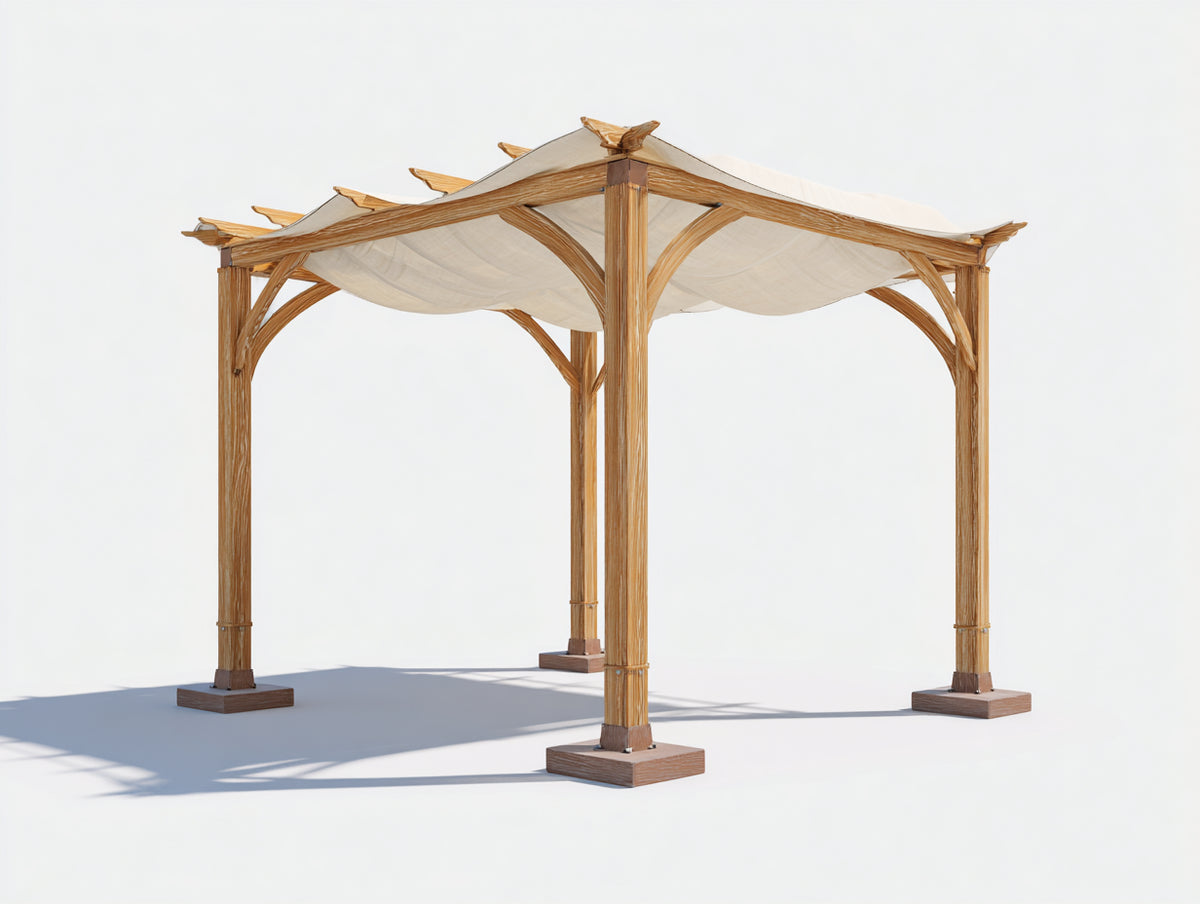 Pavillon aus Holz 300 x 300 x 250 cm - Naturholz-Beige - Pergola-Design mit textilem Schattendach und geschwungenen Streben
