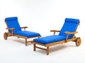 Sonnenliege Holz und Stoff 200x70x95 cm - Naturbraun und Blau - 2er Set mit verstellbarer Rückenlehne Armlehnen und Rollen