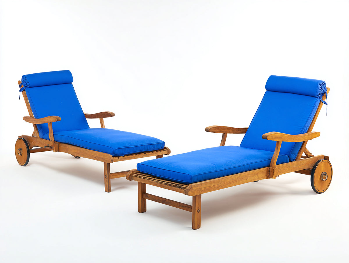 Sonnenliege Holz und Stoff 200x70x95 cm - Naturbraun und Blau - 2er Set mit verstellbarer Rückenlehne Armlehnen und Rollen
