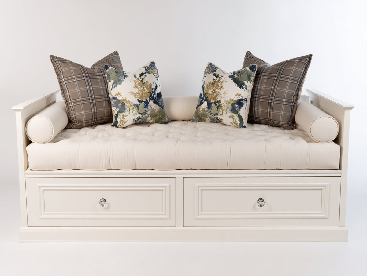 Schlafsofa aus Holz 190 x 90 x 95 cm - Weiß-Creme - Mit 2 Schubladen und gepolsterter Liegefläche