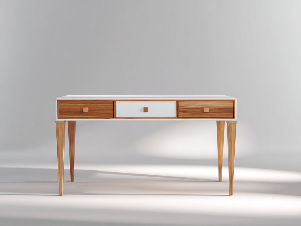 Schreibtisch aus Holz 140 x 55 x 78 cm - Weiß-Naturholz - Mit 3 Schubladen und konischen Beinen