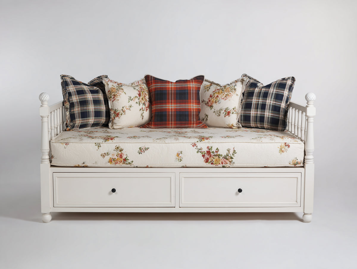Schlafsofa aus Holz 200 x 90 x 95 cm - Weiß Creme - klassisches Tagesbett Design mit 2 Schubladen und gepolsterter Liegefläche