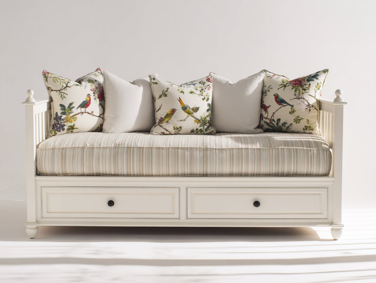 Schlafsofa aus Holz 190 x 90 x 95 cm - Weiß-Beige - Mit 2 Schubladen und gepolsterter Sitzfläche